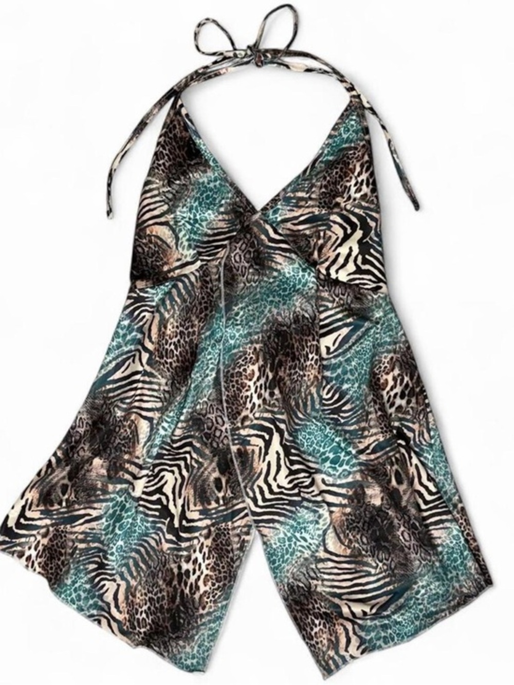 Y2K Turquoise Leopard Print Halter Top Cami XS Tie Back Festival Club Party Boho